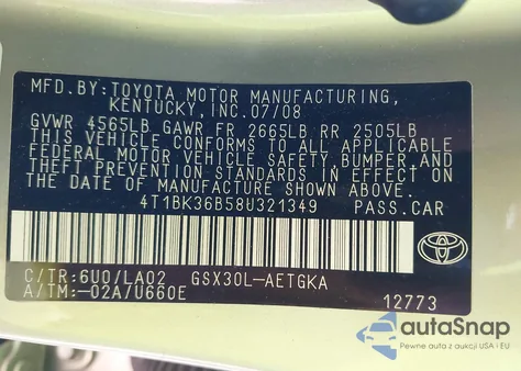 2008 Toyota Avalon Xls из США, поврежденный, VIN 4T1BK36B58U321349